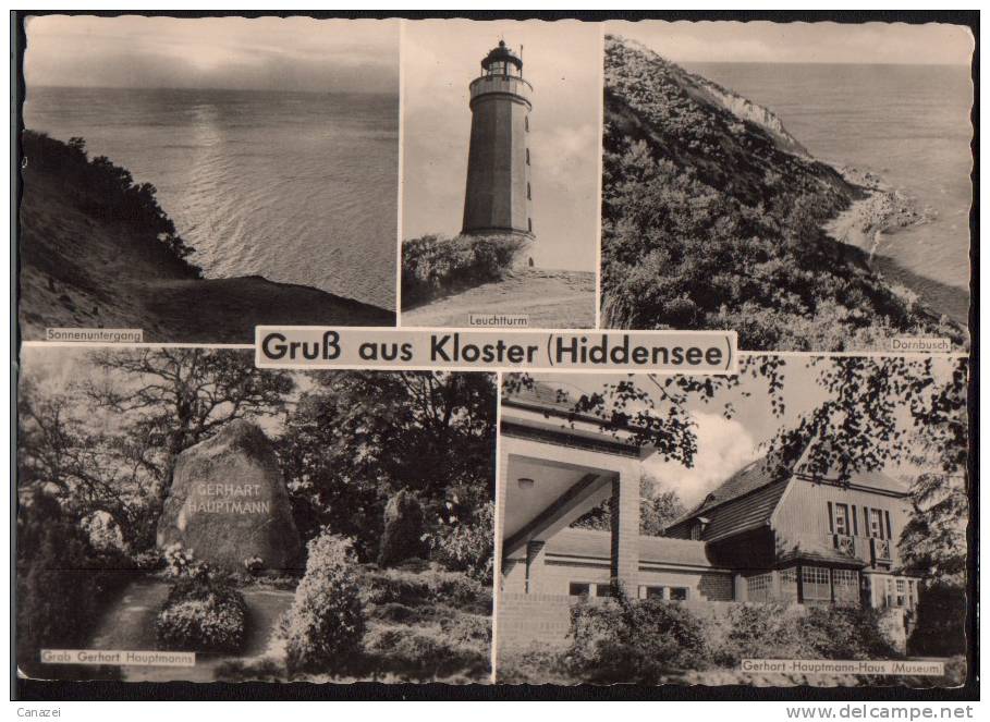 AK Hiddensee, Kloster, Gerhart-Hauptmann-Haus, Dornbusch, Leuchtturm, 1959, Ung - Hiddensee