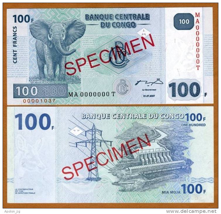 CONGO DEMOCRATIC REPUBLIC:  100 Francs, 2007 UNC  *SPECIMEN*  P-NEW / ELEPHANT. Hydroelectric Power Plants. - Unclassified