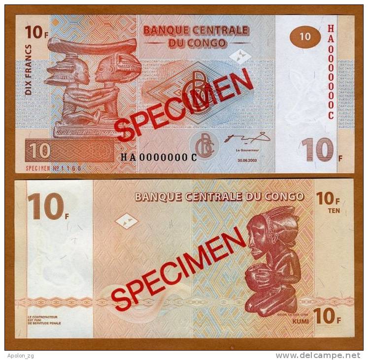 CONGO DEMOCRATIC REPUBLIC - Demokratische Republik Kongo:  10 Francs  2003 UNC  *SPECIMEN*  P-93s  / - Ohne Zuordnung