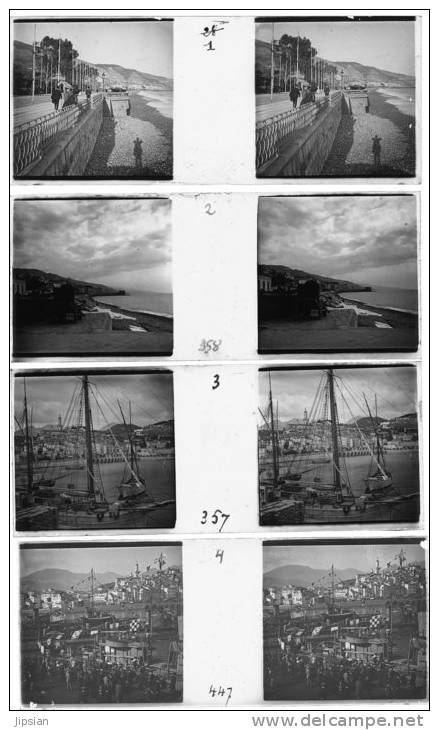 4 Plaques De Verre Stéréo Du 06 Menton Promenade Du Midi Le Port Fête Cinquantenaire De Réunion à La France 1911 Lot 1 - Plaques De Verre