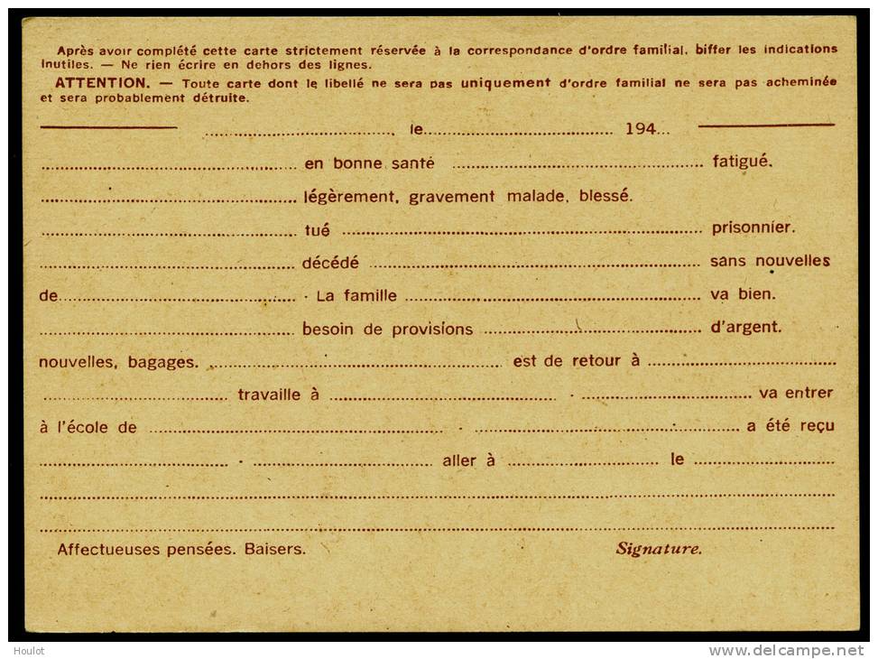 Michel N° P85 / Yvert N° ? Postkarte Für Familienmitteilungen Ohne Wertangabe, Preis In Der Mitte über Dem Teilstrich - 1939-44 Iris