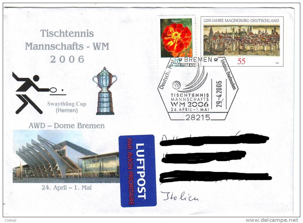 Table Tennis Germany Special Cancel 2006 On Cover - Tenis De Mesa