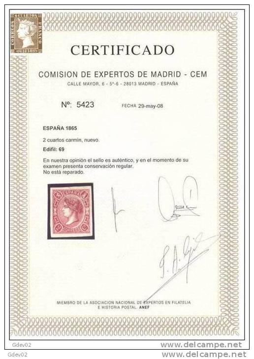 ES69-2692TCCSC-MCES1.Espa ña.Spain.Espagne.ISABEL Ll 1865.(Ed 69*)con Charnela.CERTIFICADO.LUJO - Otros & Sin Clasificación