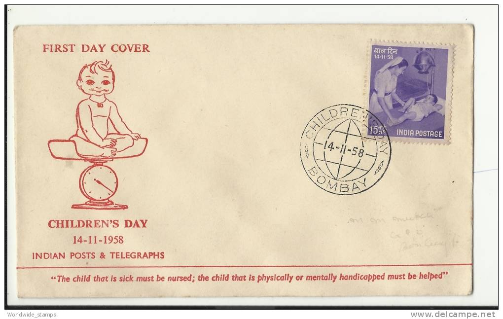 India FDC, Children Day, 1958, Nov. 14, Nurse And Child, - FDC