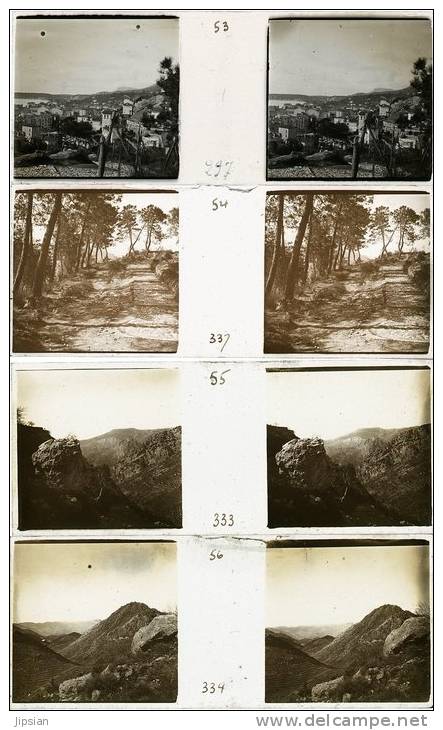 4 Plaques De Verre Stéréo Du 06 Menton En 1911 Vue Générale Chemin Castellar Mt Agel St Agnès Grammondo Sospel  Lot 14 - Glass Slides