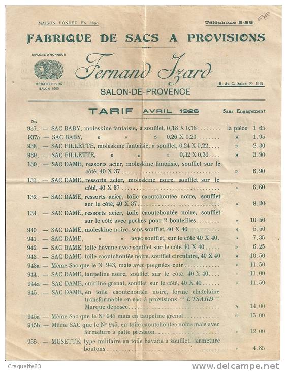 TARIF DE LA FABRIQUE DE SACS A PROVISIONS DE CHEZ FERNAND IZARD A SALON DE PROVENCE 1926 - Material Y Accesorios