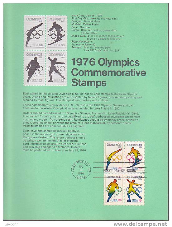 Souvenir Page FDC - 1976 Olympics 4 Stamps - 1971-1980