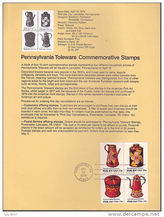 Souvenir Page FDC - Pennsylvania Toleware 4 Stamps - 1971-1980