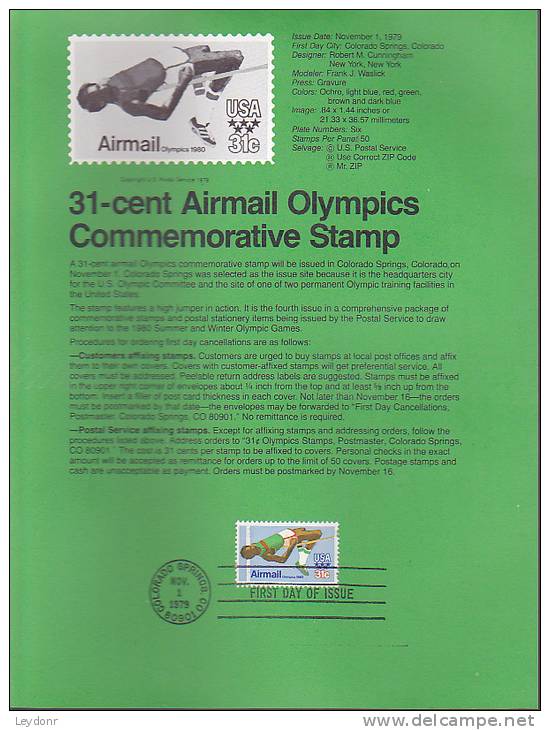 Souvenir Page FDC - 1980 Olympics - 1971-1980