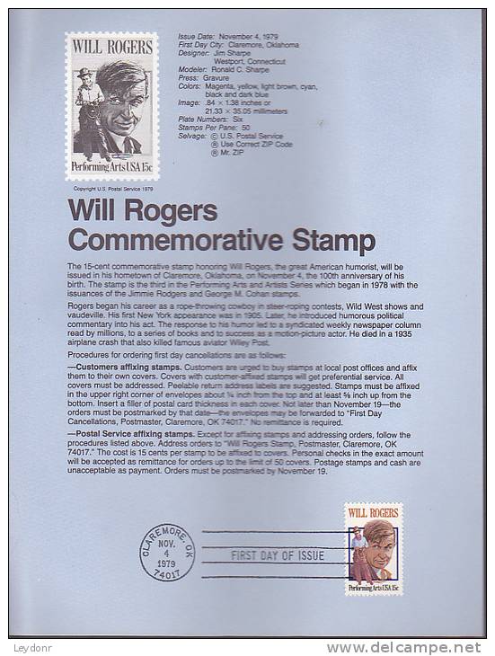 Souvenir Page FDC - Will Rogers - 1971-1980