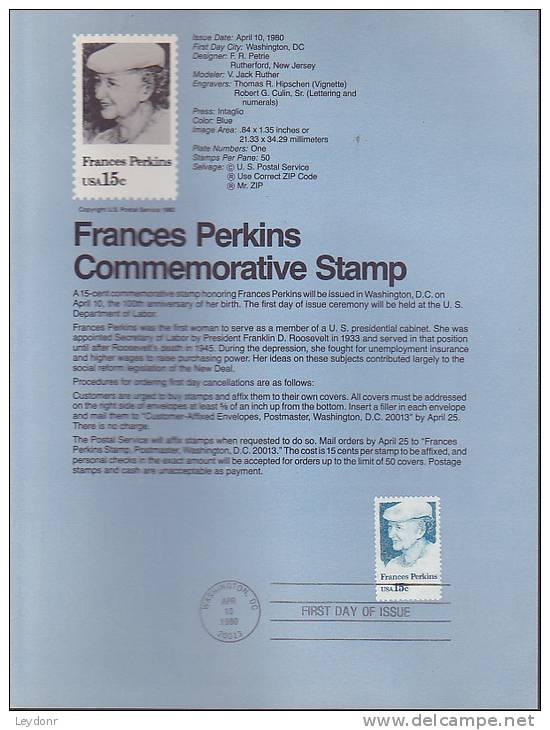 Souvenir Page FDC - Frances Perkins - 1971-1980