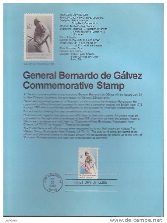 Souvenir Page FDC - General Bernardo De Galvez - 1971-1980