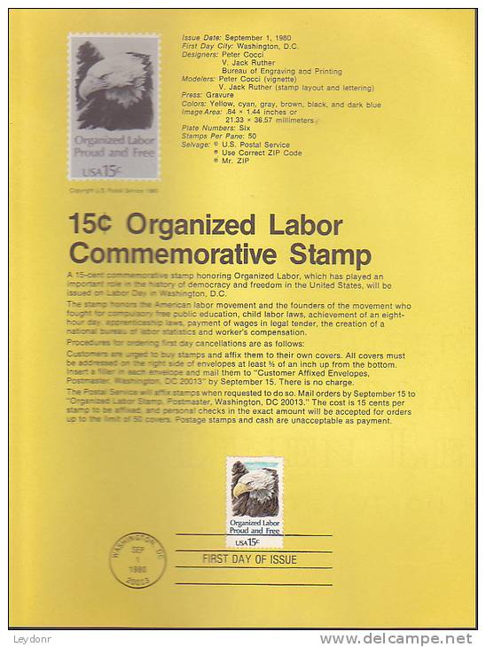 Souvenir Page FDC - Organized Labor - 1971-1980