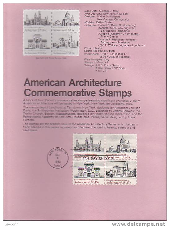 Souvenir Page FDC - American Architecture Block Of 4 Stamps - 1971-1980