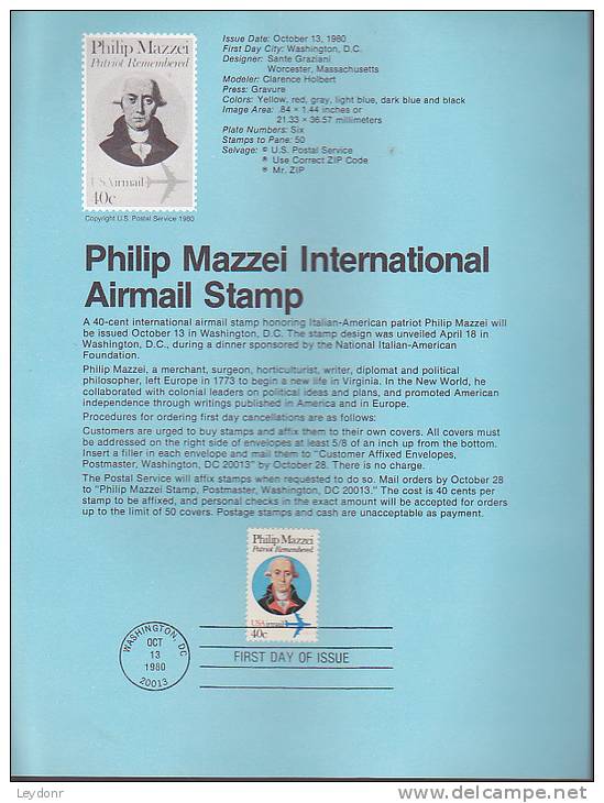 Souvenir Page FDC - Philip Mazzei - 1971-1980