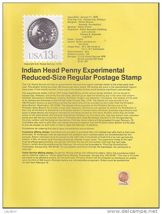 Souvenir Page  - Indian Head Penny Stamp - Not Postmarked - 1971-1980