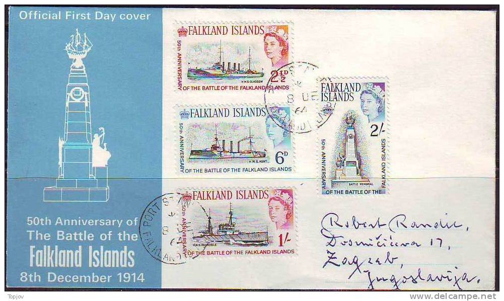 FALKLAND ISLANDS  -  Battle Ships ; GLASGOW, KENT, INVINCIBL, E - FDC To Yugoslavia - 1964 - Ships