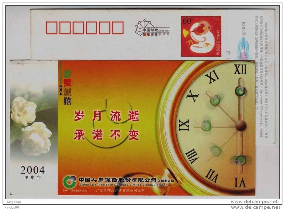 Clock,Roman Numbers,Flower,China 2004 Jiangdu Life Insurance Company Advertising Pre-stamped Card,some Flaw - Uhrmacherei