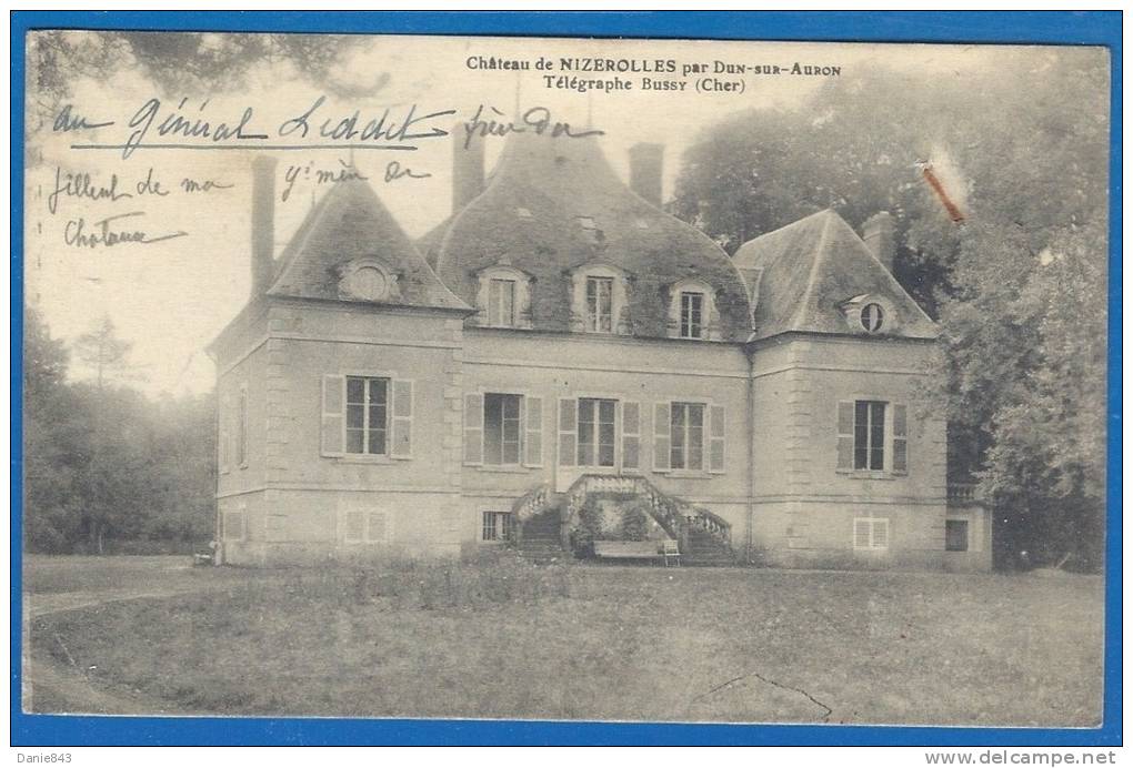 CPA Rare - CHER - DUN SUR AURON - CHÂTEAU DE NIZEROLLES - Dos De La Carte Décoration Florale D'un Militaire 24è Houzard - Dun-sur-Auron