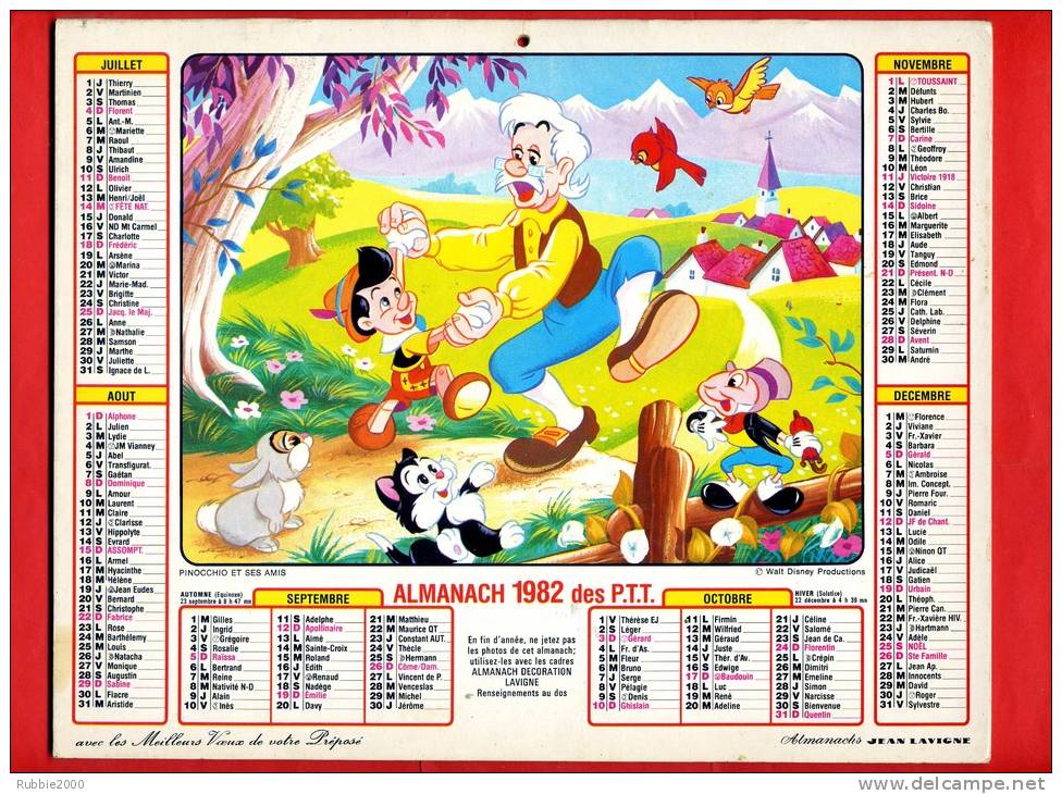 CALENDRIER 1982 LE RENARD ET LE CHIEN PINOCCHIO ET SES AMIS WALT DISNEY ALMANACH PTT IMPRIMEUR JEAN LAVIGNE - Grand Format : 1981-90