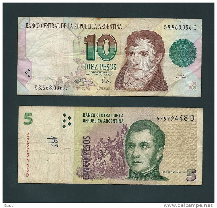 Lotto Di N. 2  Banconote  Da  5   E  Da  10   PESOS   ARGENTINA   -  Anni 1993  E 2002. - Argentine