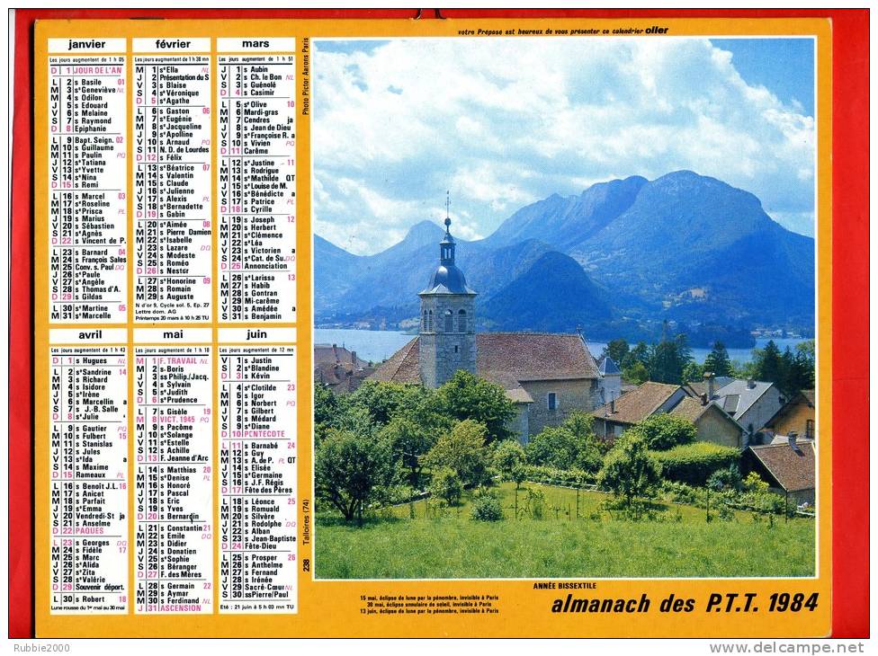 CALENDRIER 1984 TALLOIRES HAUTE SAVOIE DOUARNENEZ FINISTERE ALMANACH PTT IMPRIMEUR OLLER - Grand Format : 1981-90