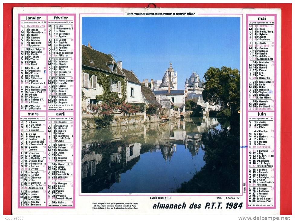 CALENDRIER 1984 LOCHES INDRE ET LOIR CAHORS LOT ALMANACH PTT IMPRIMEUR OLLER - Grand Format : 1981-90