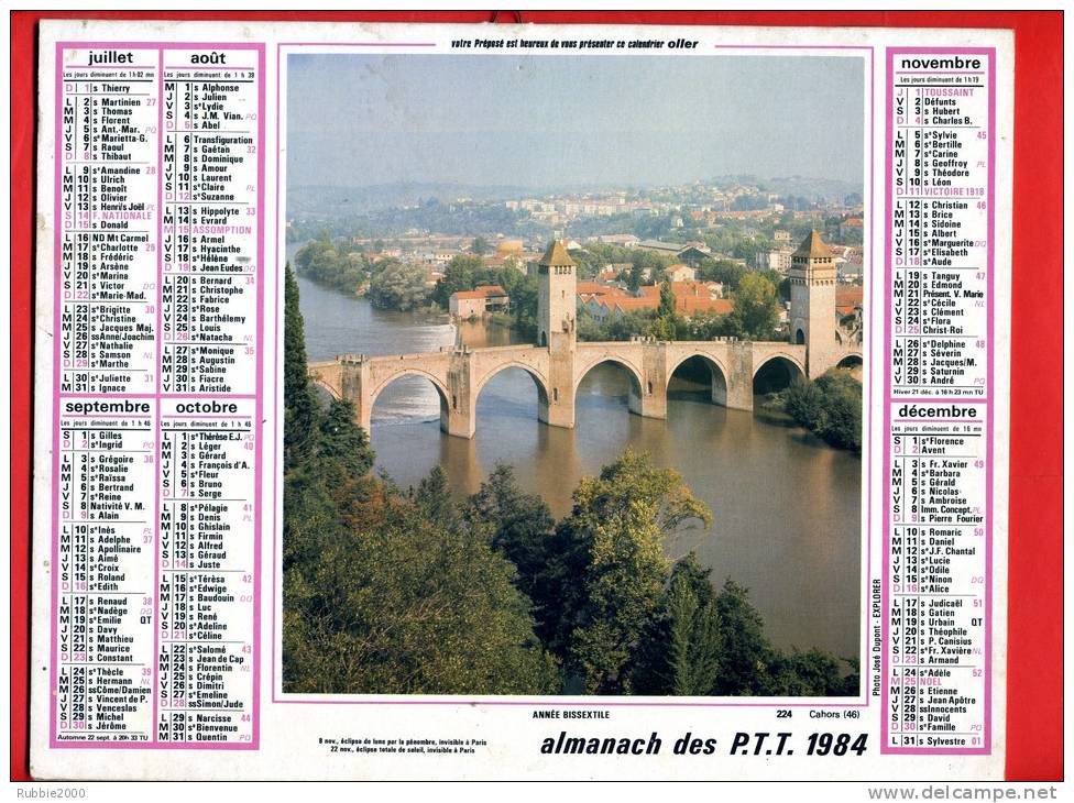 CALENDRIER 1984 LOCHES INDRE ET LOIR CAHORS LOT ALMANACH PTT IMPRIMEUR OLLER - Grand Format : 1981-90
