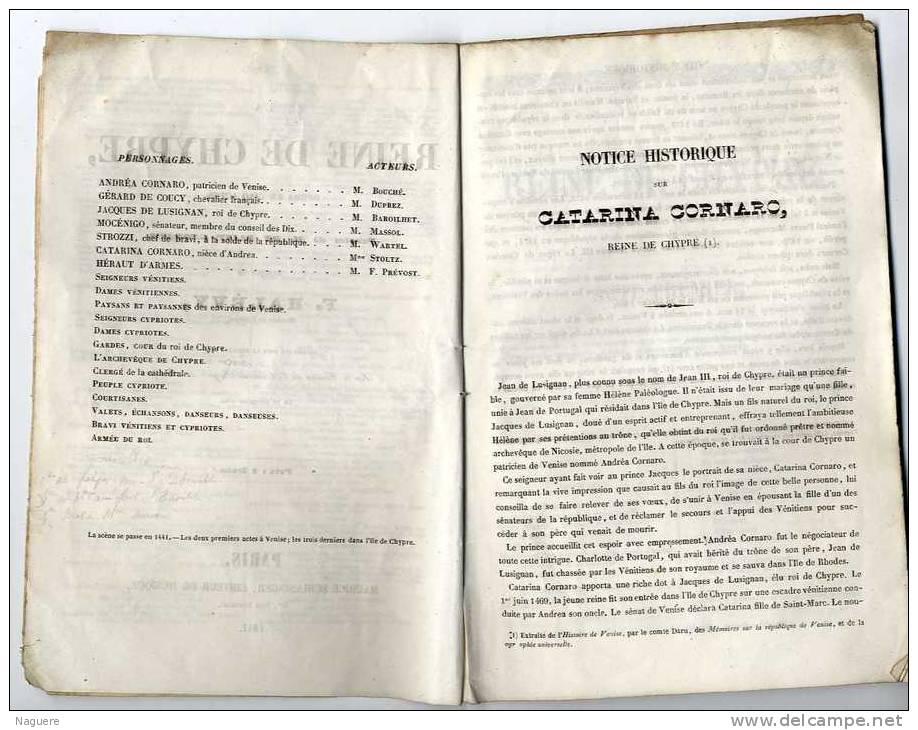 REINE DE CHYPRE  -  M DE SAINT GEORGES MUSIQUE DE S HALEVY 1841  -  40 PAGES - Teatro & Sceneggiatura