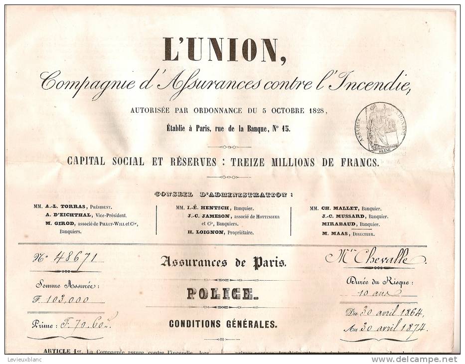 Assurances/L´Union/Police /Incendie/Paris/1864                          VP196 - Non Classés