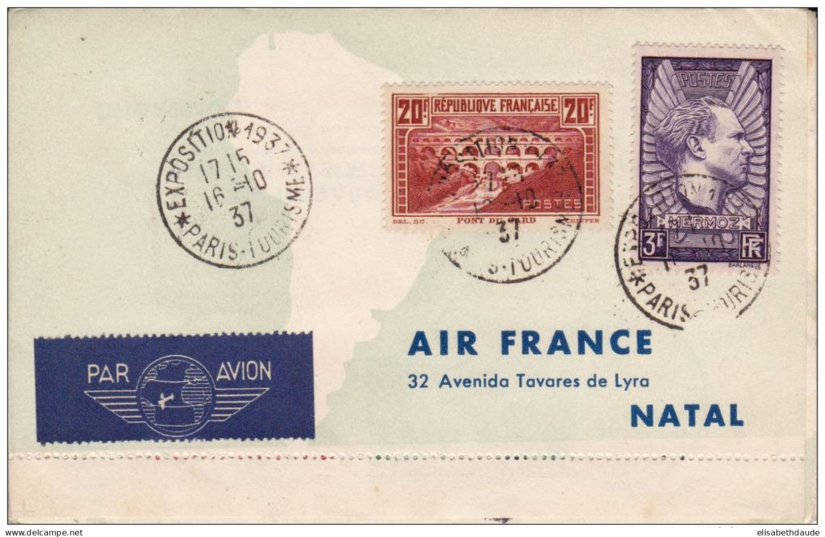 AVIATION - 1937 - CARTE LETTRE AIR FRANCE Avec PONT DU GARD - VOYAGE AUTOUR DU MONDE - BRESIL - USA - HONGKONG (CHINA) - Storia Postale