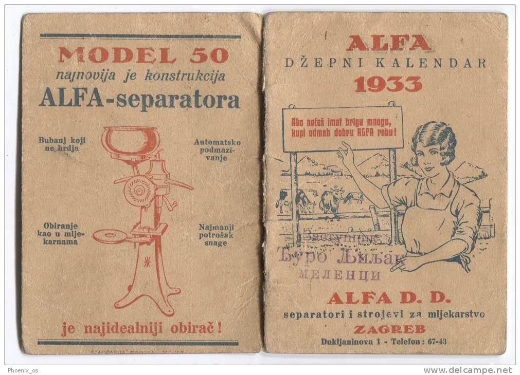 POCKET CALENDAR - ALFA, Dairy Machinery, Advertising, Zagreb, Croatia, 1933. - Petit Format : 1921-40