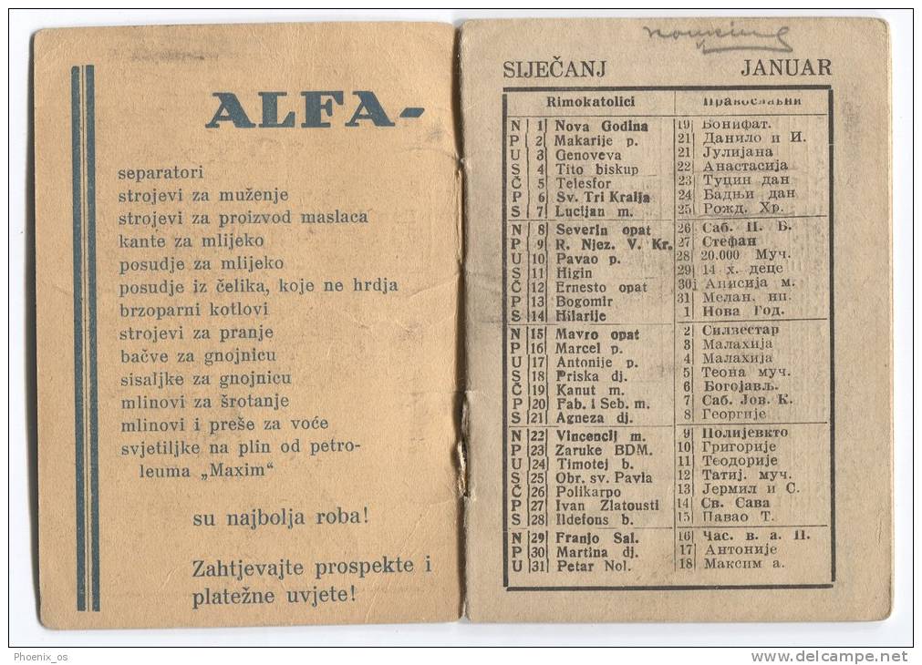 POCKET CALENDAR - ALFA, Dairy Machinery, Advertising, Zagreb, Croatia, 1933. - Petit Format : 1921-40