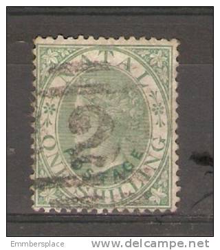 NATAL - 1870 VICTORIA 1s (1/-) GREEN O/P "POSTAGE" (CURVE IN GREEN) USED (CANCEL 2)   SG 59 - Natal (1857-1909)