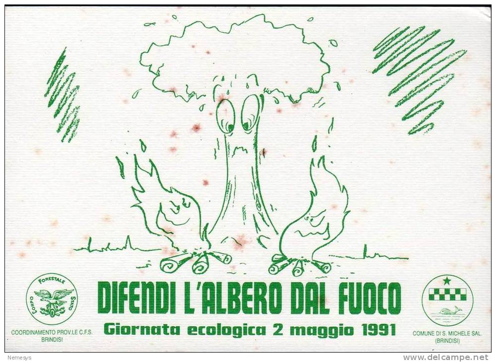 1991 CARTOLINA NUMERATA GIORNATA ECOLOGICA DIFENDI L´ALBERO CORPO FORESTALE BRINDISI 2 SCAN NV FG NATURA AMBIENTE - Brindisi