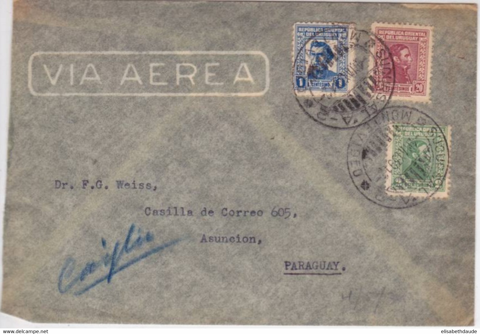 1939 - URUGUAY - ENVELOPPE  Par AVION  De MONTEVIDEO Pour ASUNCION (PARAGUAY) Avec RARE OBLITERATION ZEPPELIN Au DOS - Uruguay