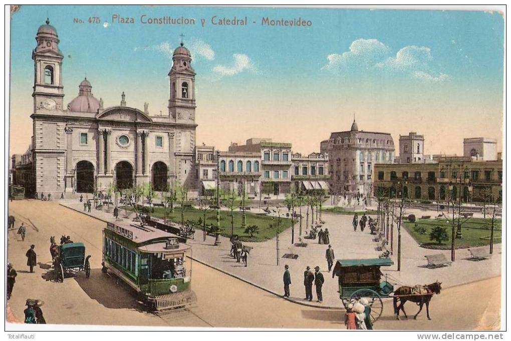 Montevideo Plaza Constitucion Y Central Tram Linie 46 Parque Urbano Animata Color 21.4.1912 Gelaufen - Paraguay