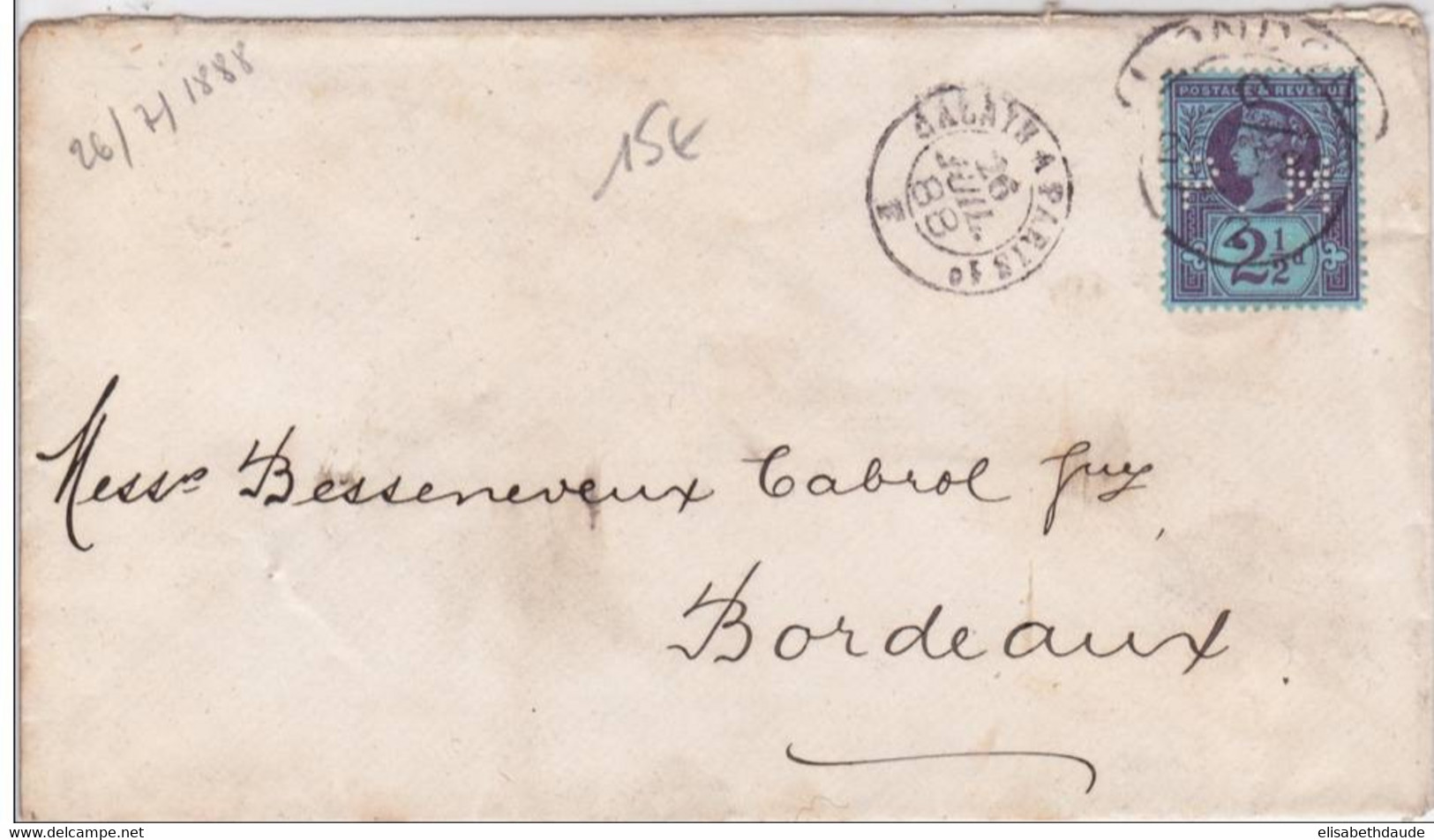 1888 - YVERT N°95 PERFORE P M (PARK MACFADYEN) Sur ENVELOPPE De LONDON Pour La FRANCE Avec AMBULANT CALAIS à PARIS 1° - Perforés
