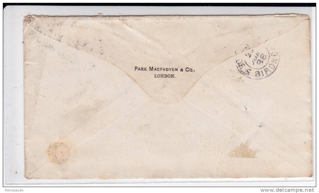 1888 - YVERT N°95 PERFORE P M (PARK MACFADYEN) Sur ENVELOPPE De LONDON Pour La FRANCE Avec AMBULANT CALAIS à PARIS 1° - Perforés