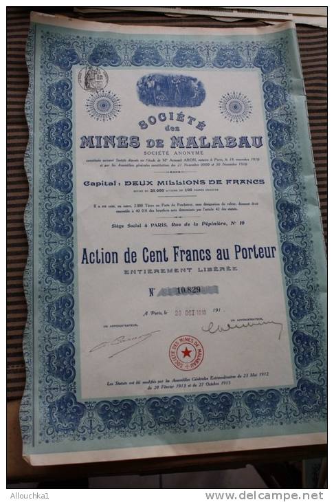 Société Des Mines Du Malabau  Mine D'or 9/9/1918 Siège Social Paris—Scripophilie-Titre -Action 100 Fr. Porteur - Mijnen