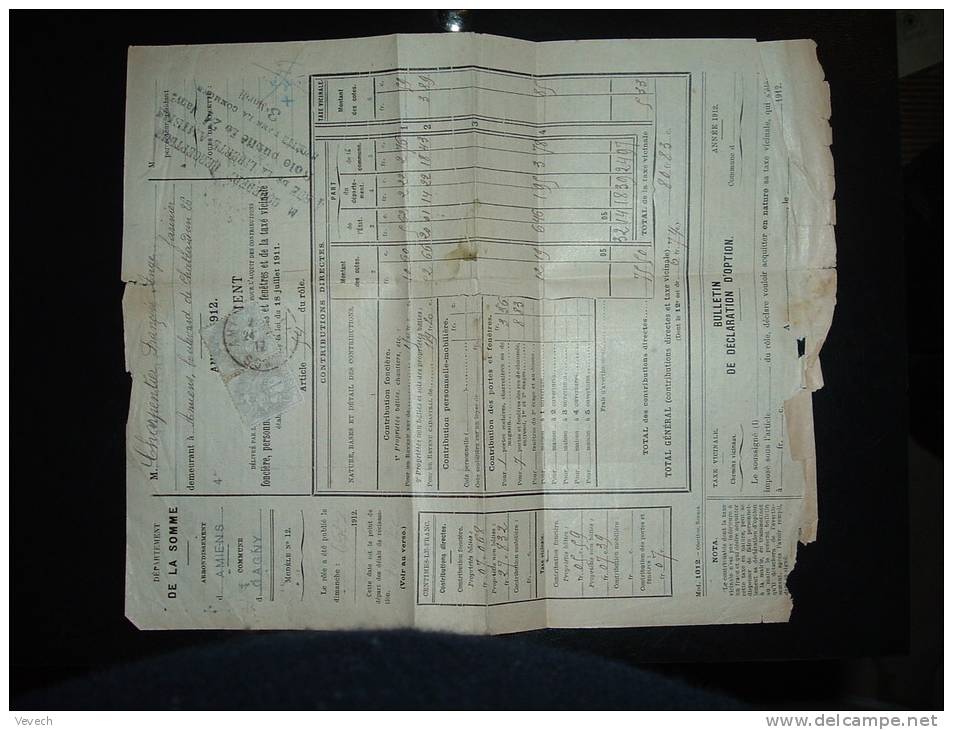 AVERTISSEMENT DES IMPOTS TARIF TYPE BLANC 1 C X2 OBL. 24-?-12 AMIENS (80 SOMME) - 1900-29 Blanc