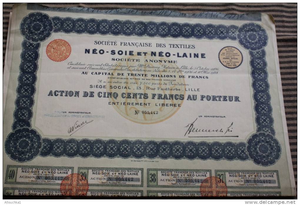 Société Française De Textile Néo Soie Et Néo Laine Siège Social à Lille (Nord) Scripophilie-Titre-Action 100 Fr. Porteur - Textile