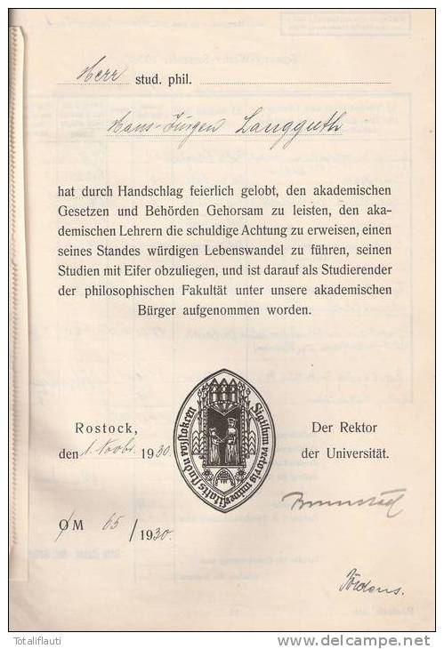 Universität Rostock Nachweisheft F Alle Abgelegten Übungen U Prüfungen Eines Studenten V 1.11.1930 Bis 4.4.1933 Chattia - Sonstige & Ohne Zuordnung