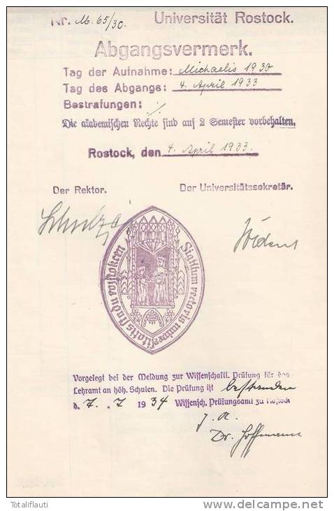 Universität Rostock Nachweisheft F Alle Abgelegten Übungen U Prüfungen Eines Studenten V 1.11.1930 Bis 4.4.1933 Chattia - Sonstige & Ohne Zuordnung