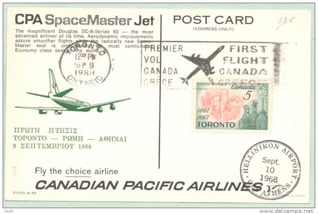 1968 Canada, Primo Volo Canada - Grecia First Flight Canada - Grece CPA Space Master Jet - Premiers Vols