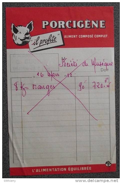 FACTURE PORCIGENE 1952 ALIMENT COMPLET COMPOSE POUR PORC COCHON - Landwirtschaft