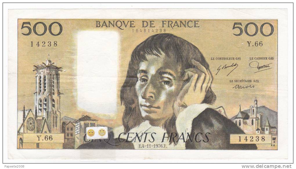 Banque De France - 500 F Pascal - E.4-11-1976 E. - Alphabet Y.66 - 500 F 1968-1993 ''Pascal''