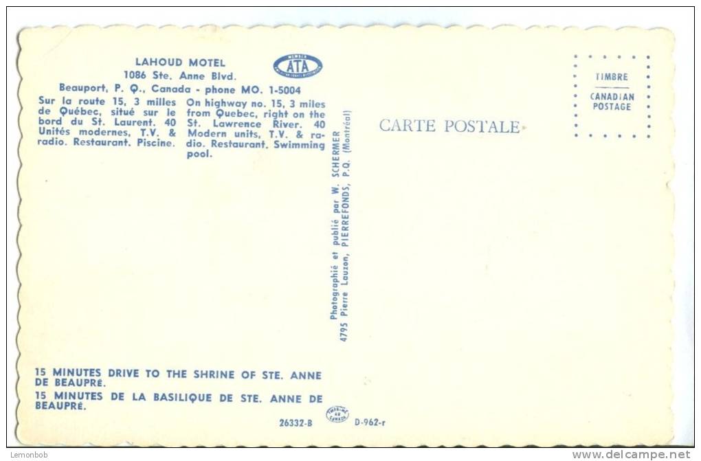 Canada, Lahoud Motel, Beauport, PQ, 1950s Unused Postcard [P7873] - Québec - Beauport
