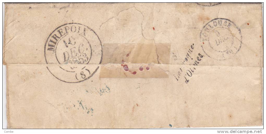 Cachet D'Entrée En France,1853, ESPAG. PERPIGNAN 2, Espa^na,  Barcelonne Pour Peyra, Cursive Larroque D Olmes Verso  /42 - 1849-1876: Periodo Classico