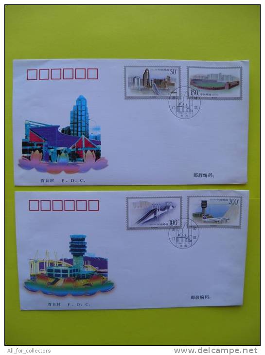 2 FDC Covers From China 1998-28, Buildings In Macao, Bridges, Plane, Stadium - 1990-1999